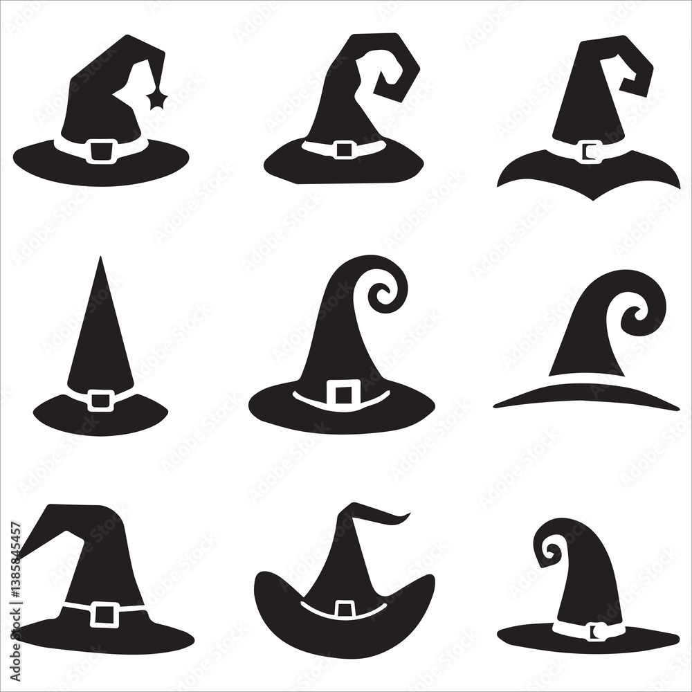 Witch Hats silhouette Set, Witch hat or magic hat silhouettes set vector illustrations Witch Hats silhouette Set, Witch hat or magic hat silhouettes set vector illustrations