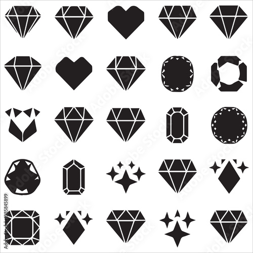 Diamonds set silhouette, Diamond icon set. Different shapes of diamond cuts. Dimond icon set in flat style. Abstract black diamond collection icons. Gemstone icon set. Diamonds logo design.