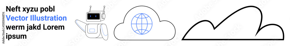 Robot with raised hand, globe inside cloud, minimalist cloud shapes. Ideal for technology, AI, cloud computing, globalization, internet, automation education simple landing page Robot with raised hand, globe inside cloud, minimalist cloud shapes. Ideal for technology, AI, cloud computing, globalization, internet, automation education simple landing page