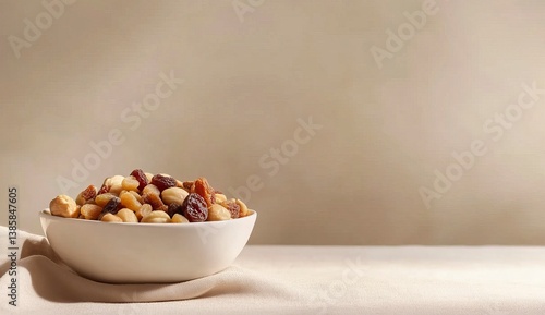 Nuts and dried fruits in a white bowl on a beige background with copy space for text. This stock photo is the contest winner for product photography, food advertising, and side view close-up shots. It