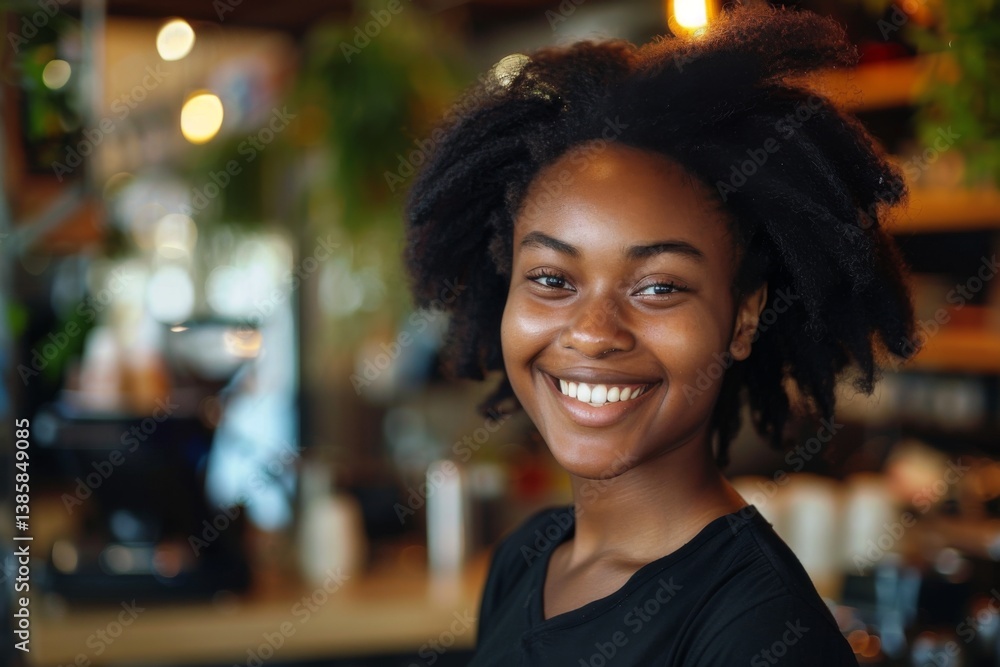 Obraz premium Portrait of a smiling young African American woman in a coffee shop