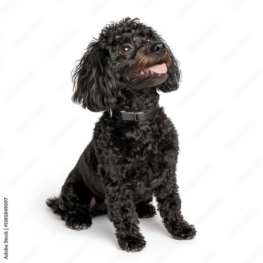 Playful black dog sitting cheerfully indoors pet photography cozy home environment Playful black dog sitting cheerfully indoors pet photography cozy home environment
