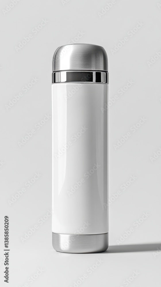Sleek white thermos bottle with silver accents on a clean background studio shot for product presentation Sleek white thermos bottle with silver accents on a clean background studio shot for product presentation