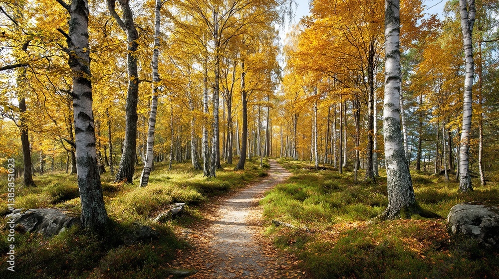 Peaceful autumn birch forest with golden leaves and winding trail through trees in warm afternoon light Peaceful autumn birch forest with golden leaves and winding trail through trees in warm afternoon light