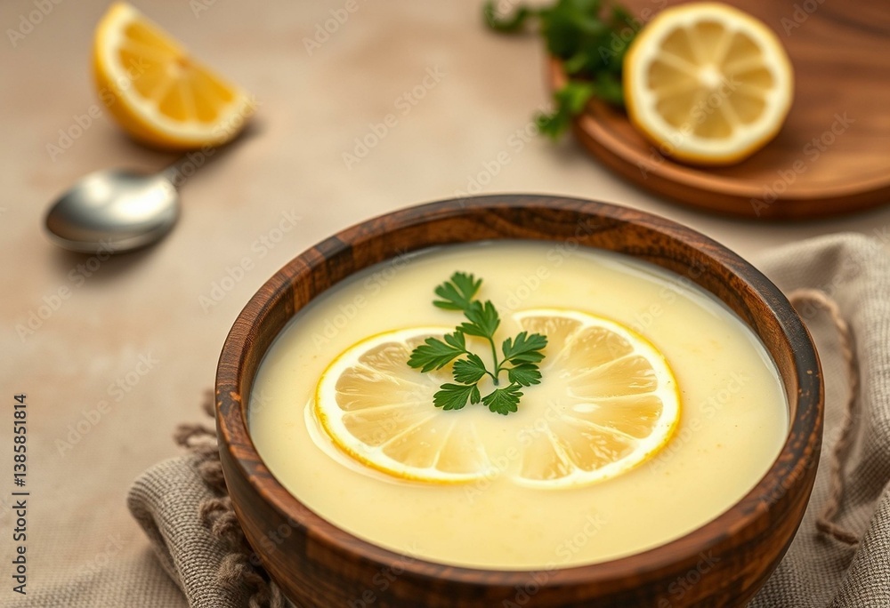 Rustic wooden bowl with steaming Avgolemono Soup and fresh garnishes. Rustic wooden bowl with steaming Avgolemono Soup and fresh garnishes.