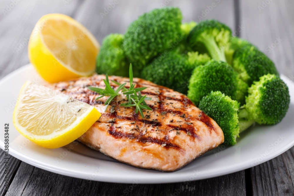 Grilled Salmon with Lemon and Broccoli - Healthy grilled salmon fillet served with lemon wedges and steamed broccoli. Represents healthy eating, balanced diet, freshness, deliciousness, and vitality Grilled Salmon with Lemon and Broccoli - Healthy grilled salmon fillet served with lemon wedges and steamed broccoli. Represents healthy eating, balanced diet, freshness, deliciousness, and vitality