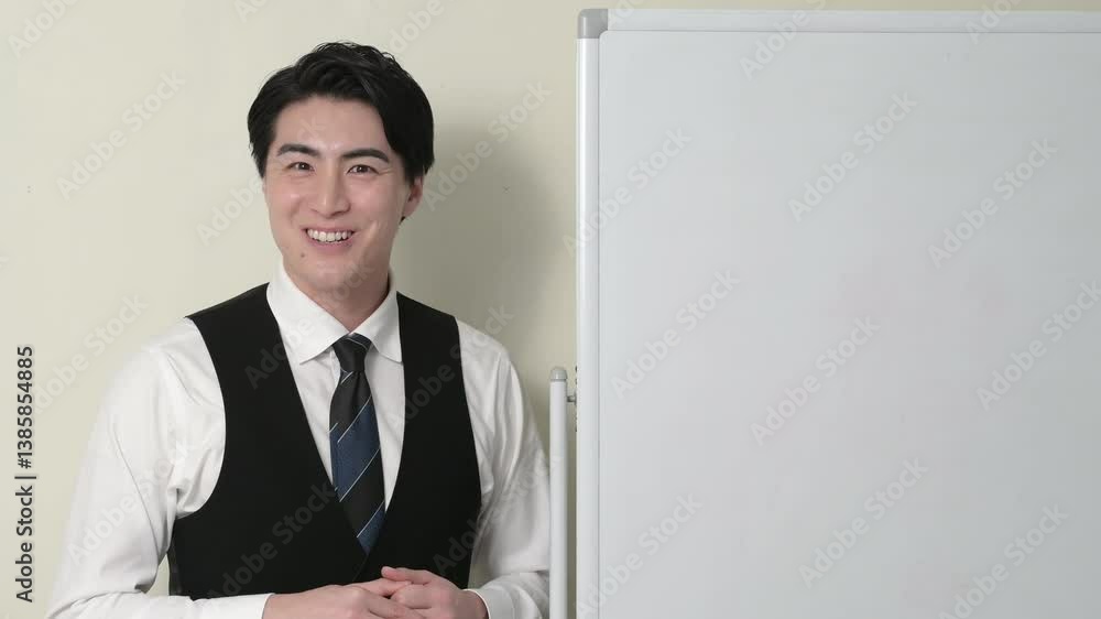 カメラ目線でプレゼンをする日本人男性 カメラ目線でプレゼンをする日本人男性