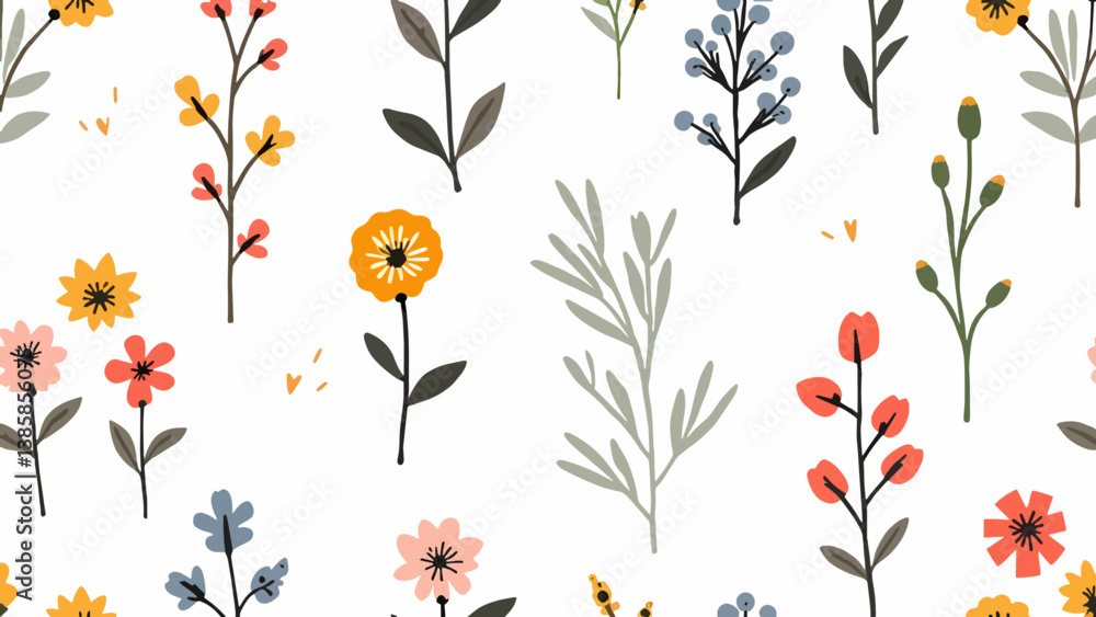 Obraz premium Seamless floral pattern flowers leaves color vector background summer spring