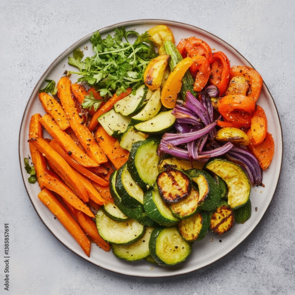 A plate of roasted vegetables with carrots, zucchini, and bell peppers. Featuring a colorful, plant-based meal A plate of roasted vegetables with carrots, zucchini, and bell peppers. Featuring a colorful, plant-based meal