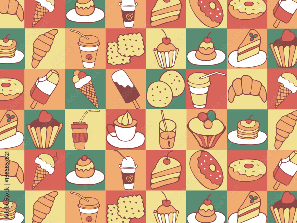 Seamless pattern of food and drink, fast food, sweets, cookies, coffee. Hand drawn vector colorful doodles Seamless pattern of food and drink, fast food, sweets, cookies, coffee. Hand drawn vector colorful doodles