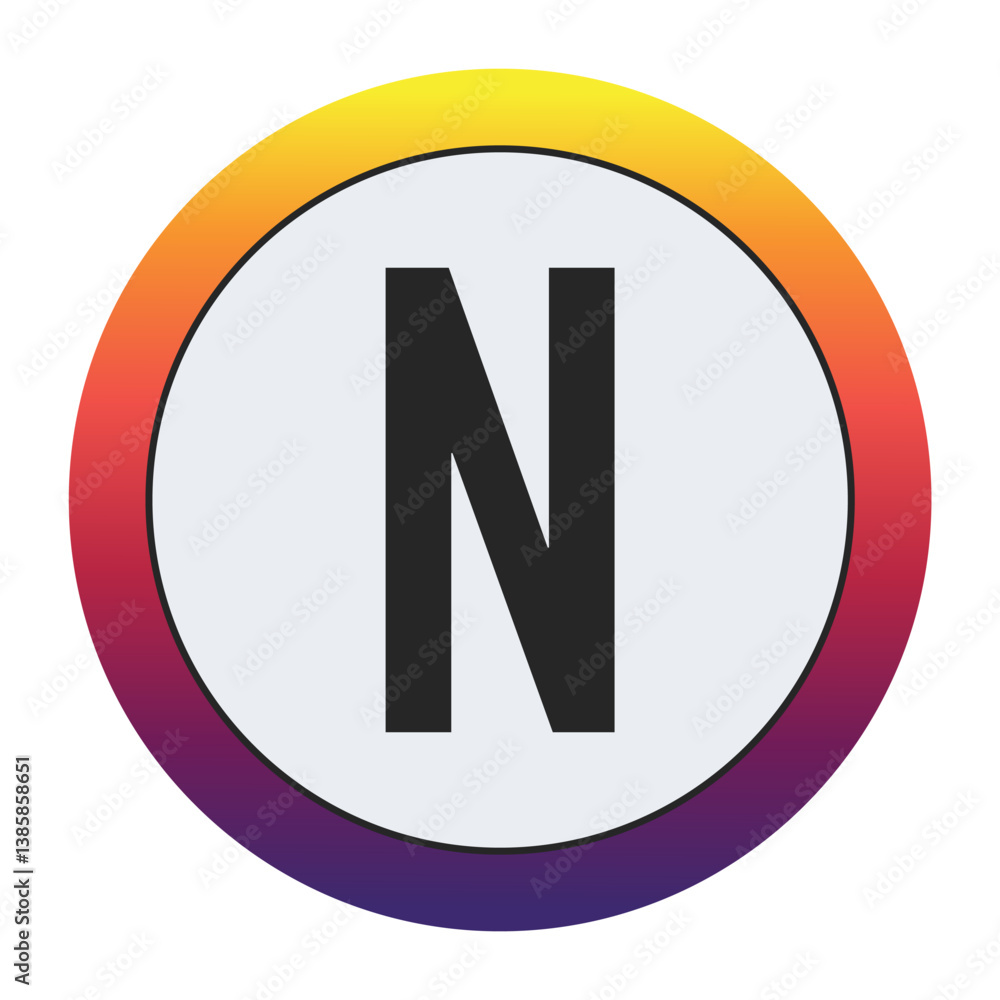 Gradient Circle with Bold : A vibrant circular graphic with a smooth yellow to purple gradient framing a prominent black Capital letter N on a light gray center. Ideal for initial concepts Gradient Circle with Bold : A vibrant circular graphic with a smooth yellow to purple gradient framing a prominent black Capital letter N on a light gray center. Ideal for initial concepts