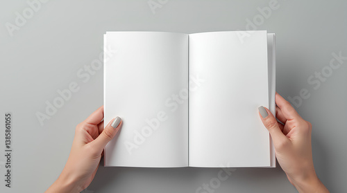 Woman holding brochure with blank pages on grey background.
