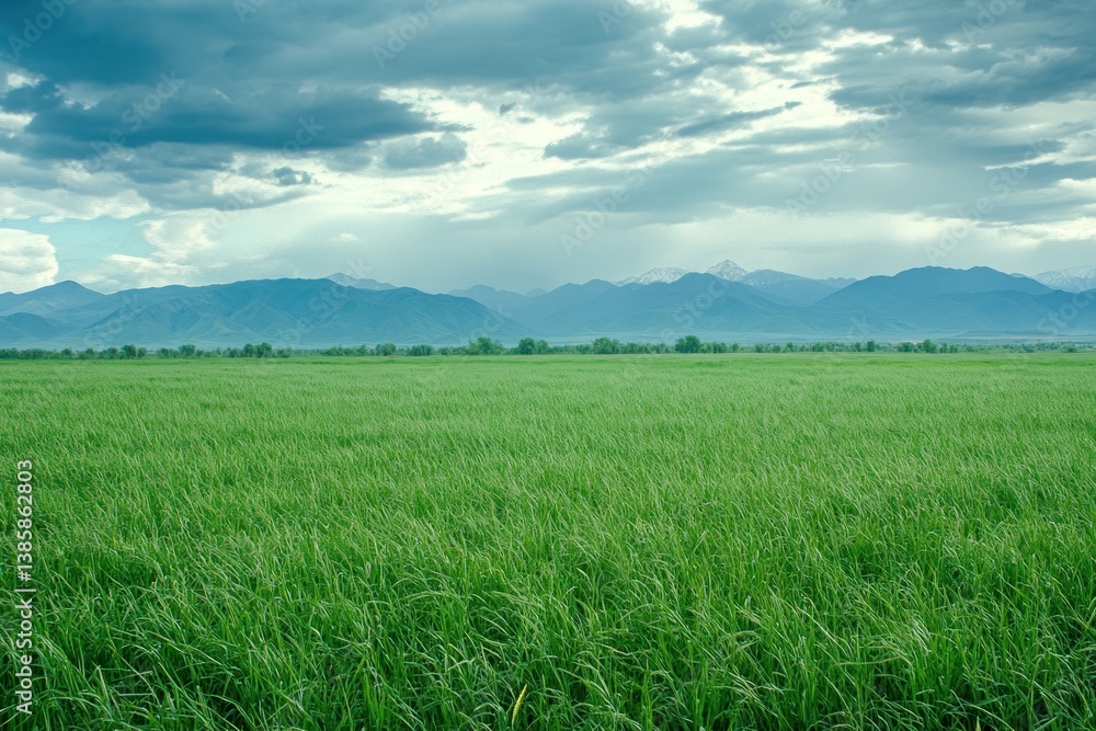 Obraz premium A verdant green field stretches towards distant mountain ranges under clouds