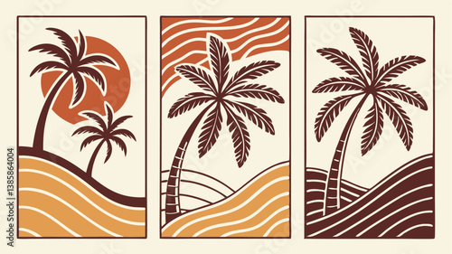 Boho Tropical Palm Tree Vector Set – Retro Groovy Summer Icons