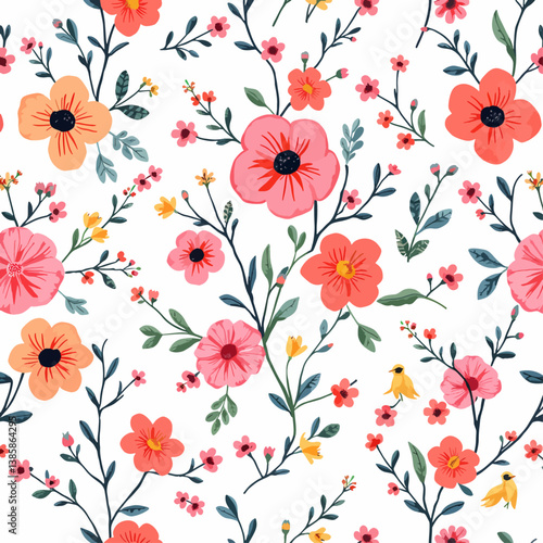 A red floral pattern with a variety of abstract leaves and flowers on a white background, perfect for spring and summer designs.