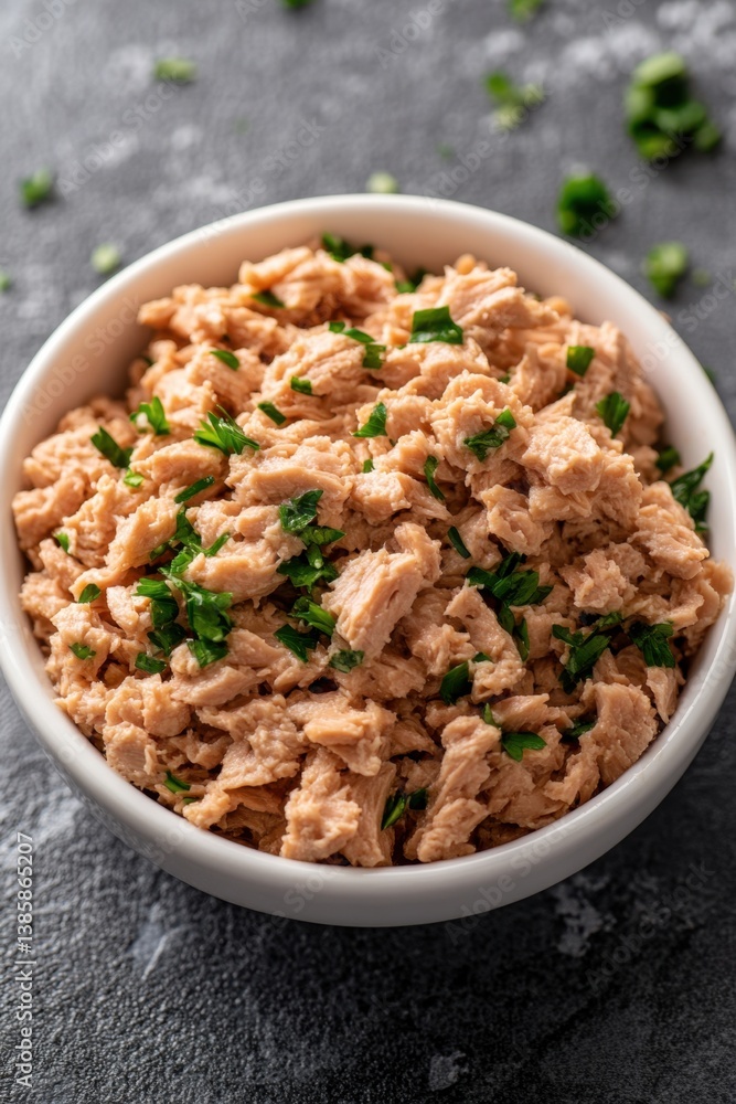 Close up of delicious tuna salad with fresh parsley in white bowl on gray background healthy food Close up of delicious tuna salad with fresh parsley in white bowl on gray background healthy food
