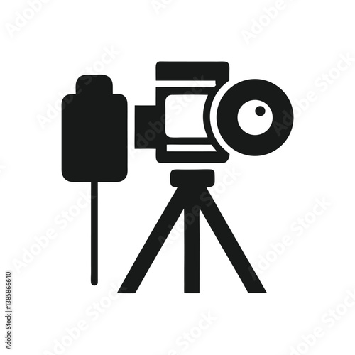 Retro black video camera icon set depicts old film and digital photography equipment