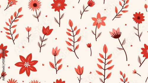 A red floral pattern with a variety of abstract leaves and flowers on a white background, perfect for spring and summer designs.