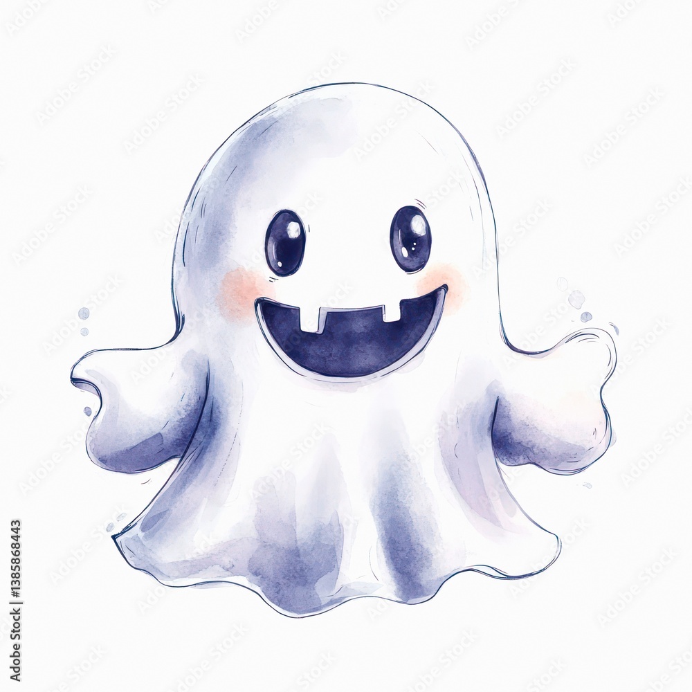 Watercolor cartoon ghost with playful expression isolated on white background. Watercolor cartoon ghost with playful expression isolated on white background.