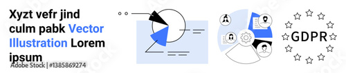 Charts analyzing data, GDPR badge with stars, user profiles, secure connections. Ideal for security, data analysis, tech compliance, user privacy, regulations information systems simple landing