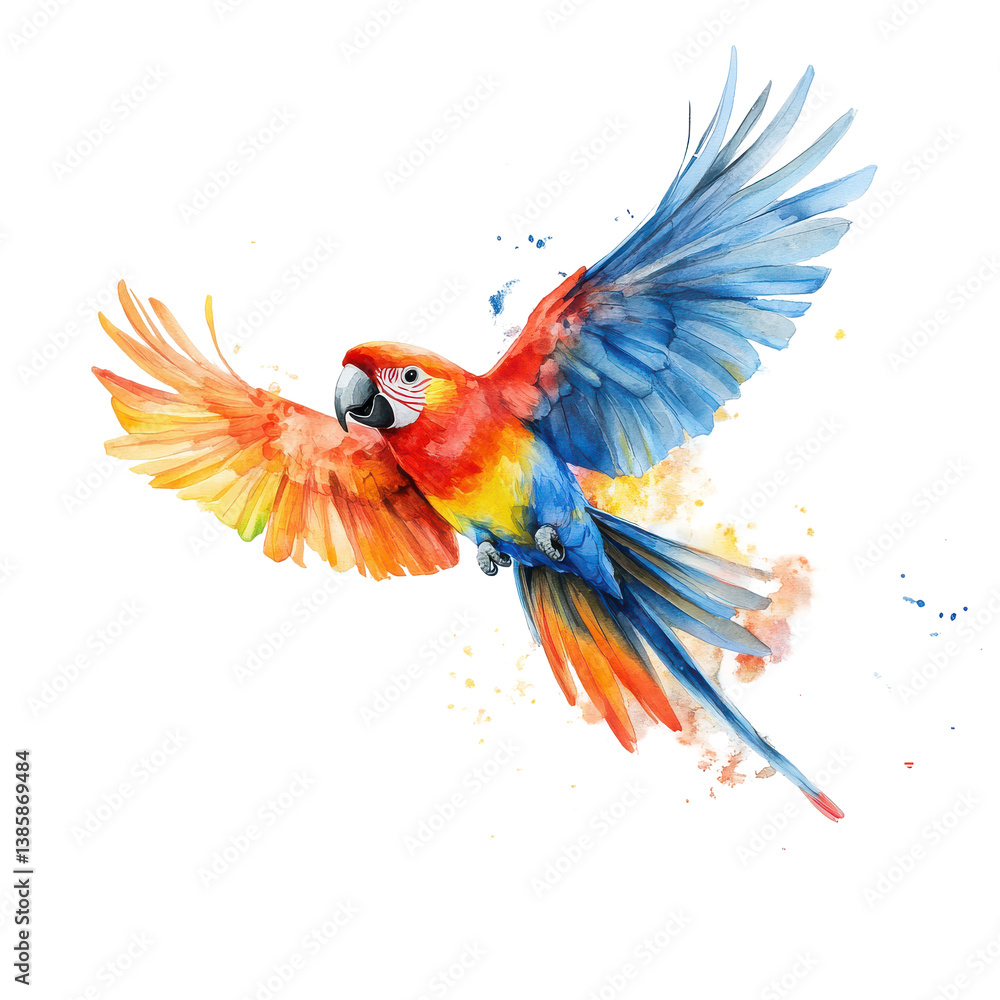 Fototapeta premium Vibrant Macaw in Flight Watercolor Artwork Tropical Bird Wings Colors isolated on transparent background