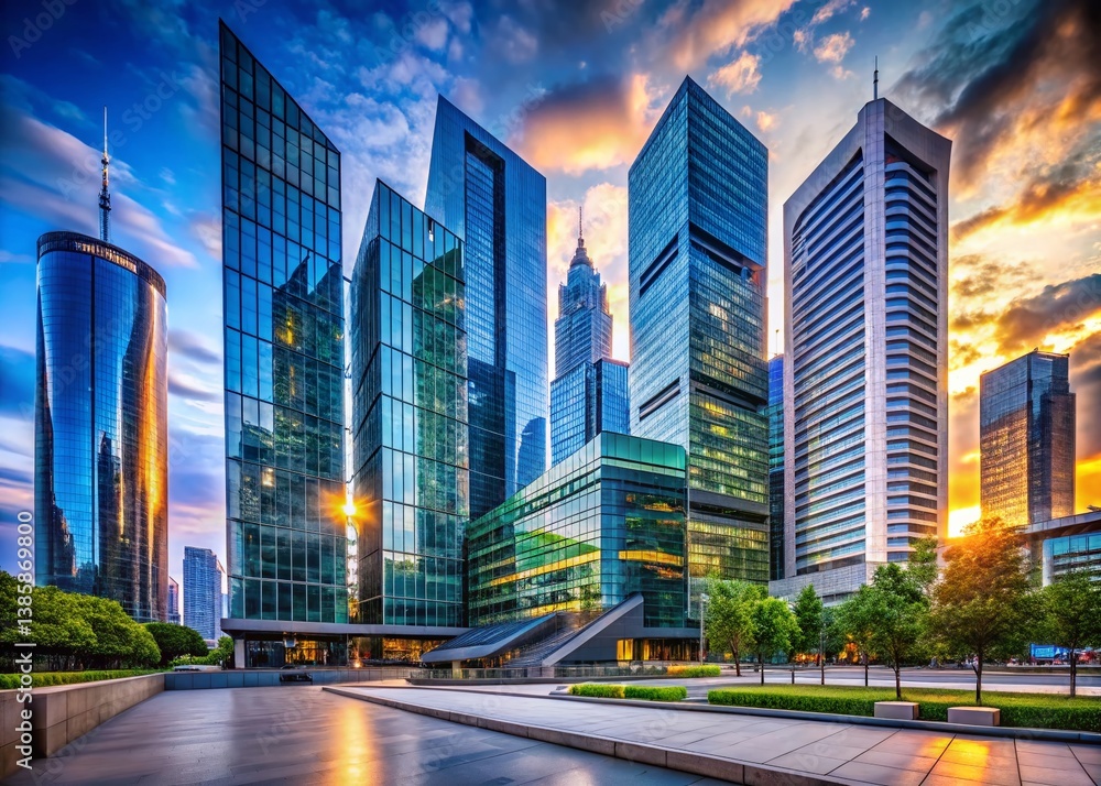 Fototapeta premium Modern Cityscape: Fintech District Architecture & Design, High-Resolution Stock Photo