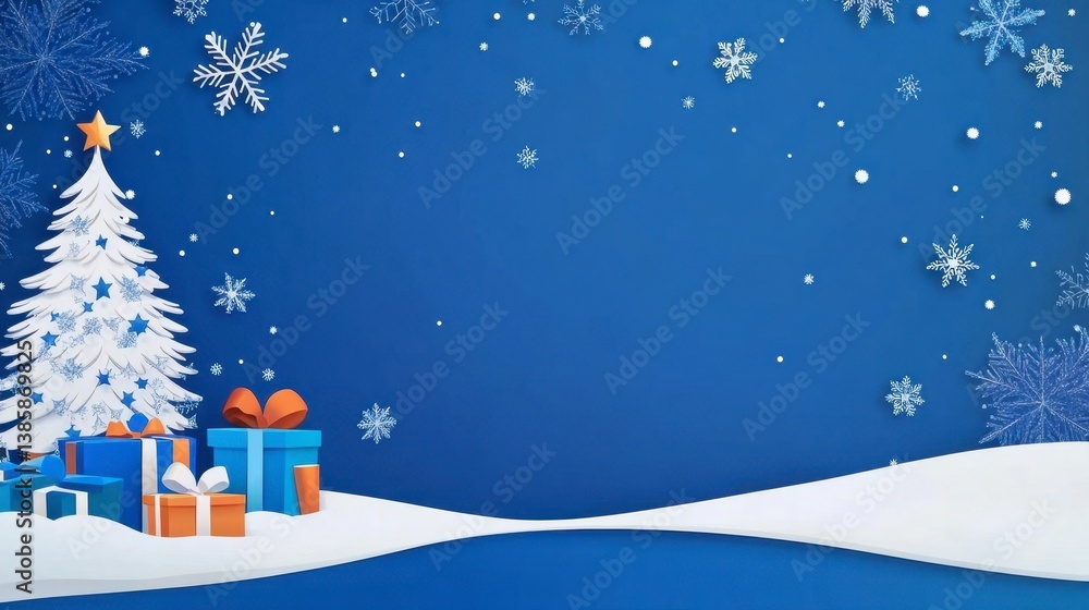Festive Christmas Tree and Gift Boxes with Snowflakes on Blue Background Festive Christmas Tree and Gift Boxes with Snowflakes on Blue Background