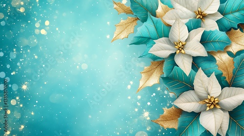 Beautiful white poinsettias with teal leaves and golden embellishments