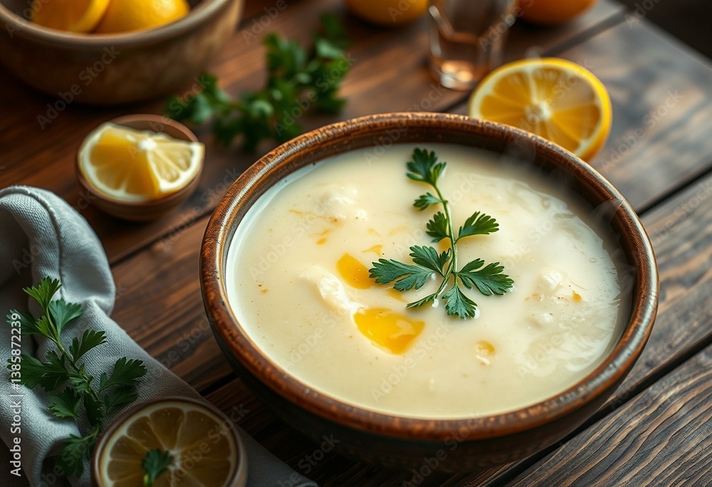 A steaming bowl of Avgolemono Soup with a rich and creamy broth, surrounded by fresh parsley and lemon wedges, served in a rustic ceramic bowl on a wooden table. A steaming bowl of Avgolemono Soup with a rich and creamy broth, surrounded by fresh parsley and lemon wedges, served in a rustic ceramic bowl on a wooden table.