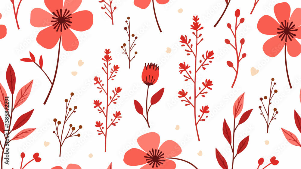 A Red Flower pattern with a variety of abstract leaves and flowers on a white background, perfect for spring and summer designs.