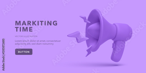 Megaphone With Sound Waves In Trendy 3D Cartoon Style On Purple Background With Text Layout. Perfect For Promotion, Advertising, And Branding Projects. Vector Illustration.