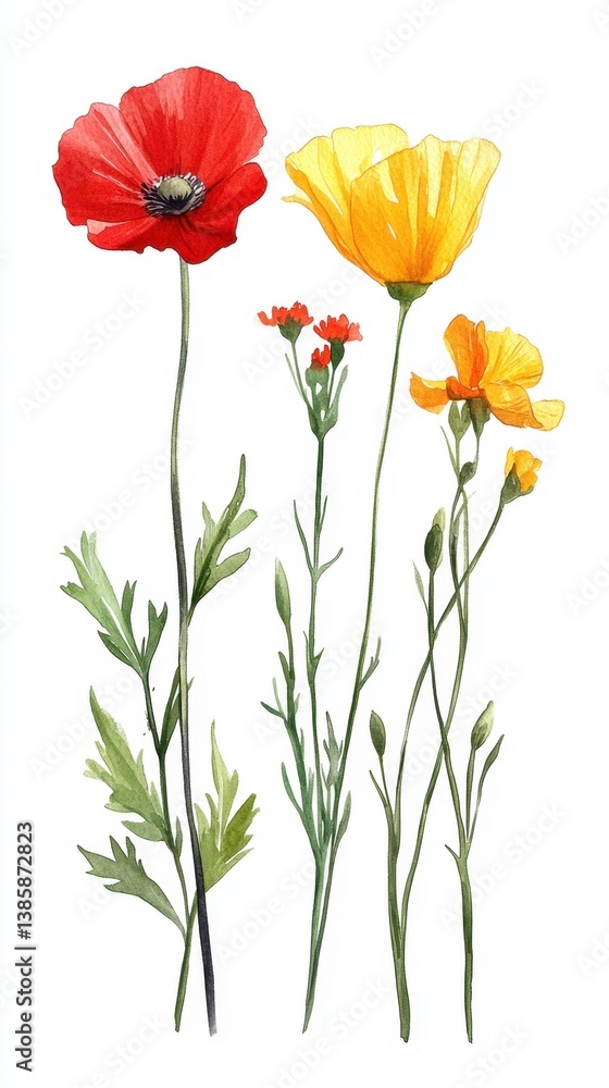 Fototapeta premium Watercolor painting showcasing vibrant red and yellow poppies with delicate stems and leaves against a clean white background in a botanical style