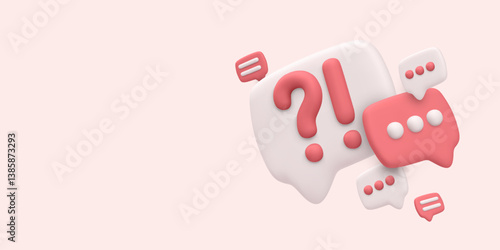 Chat Bubble Icon With 3D Question And Exclamation Marks On Soft Background. Perfect For Help Center, Support Page, App UI, Or Online FAQ. Clean Trendy Design. Vector Illustration.
