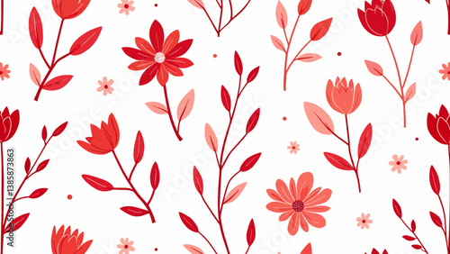 A Red Flower pattern with a variety of abstract leaves and flowers on a white background, perfect for spring and summer designs.