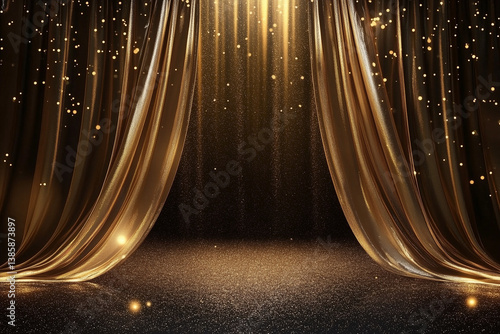 Golden Curtains on a Dark Background with Dramatic Lighting