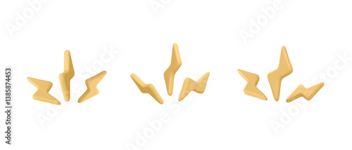 Lightning Bolt Icons – 3D Cartoon Style Yellow Thunder Symbols in Comic Energy Effect Shape. Perfect for UI, Reactions, and Games. Vector Illustration.