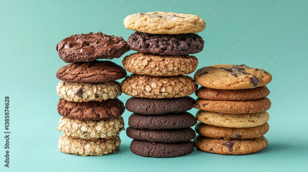 Three stacks of assorted cookies; chocolate chip, oatmeal, and double chocolate, on a teal background. Three stacks of assorted cookies; chocolate chip, oatmeal, and double chocolate, on a teal background.