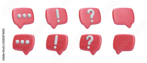 Chat Bubble Icons Set – 3D Render of Speech Bubbles with Dots, Exclamation, and Question Marks in Modern Cartoon Style. Great for Messaging and UI Design. Vector Illustration.