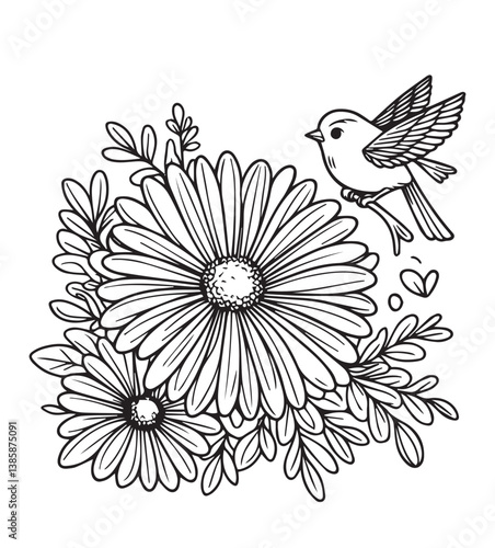 Coloring book serenade in bloom. A gentle bird's song amidst a flourish of daisies and leafy whispers