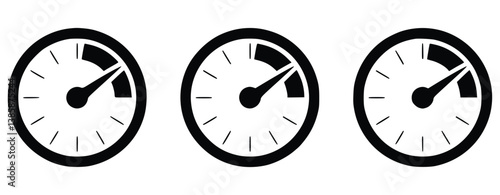 Three Speedometer Icons Showing Different Levels Of Measurement In Black And White