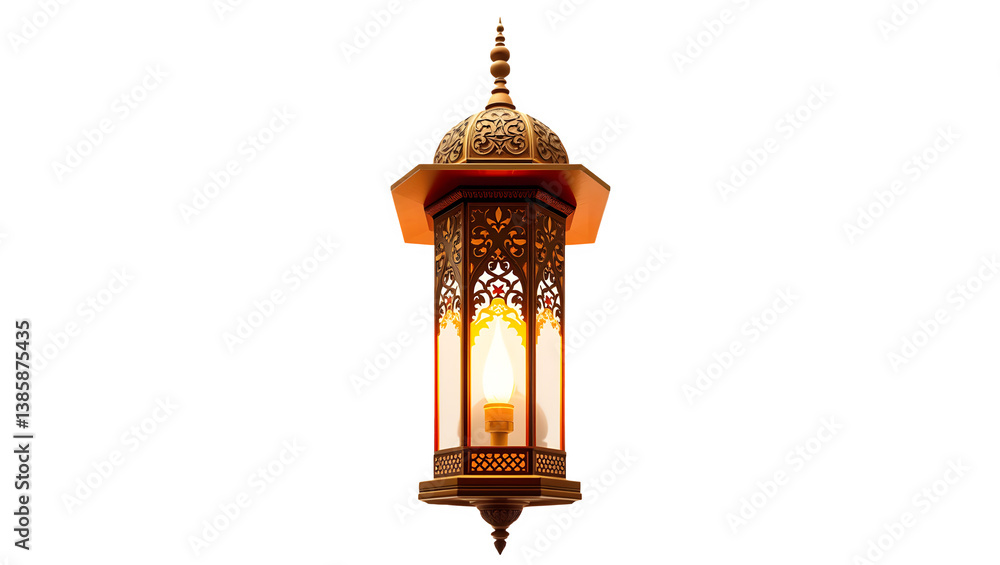Intricate gold lantern glows warmly in the dark.