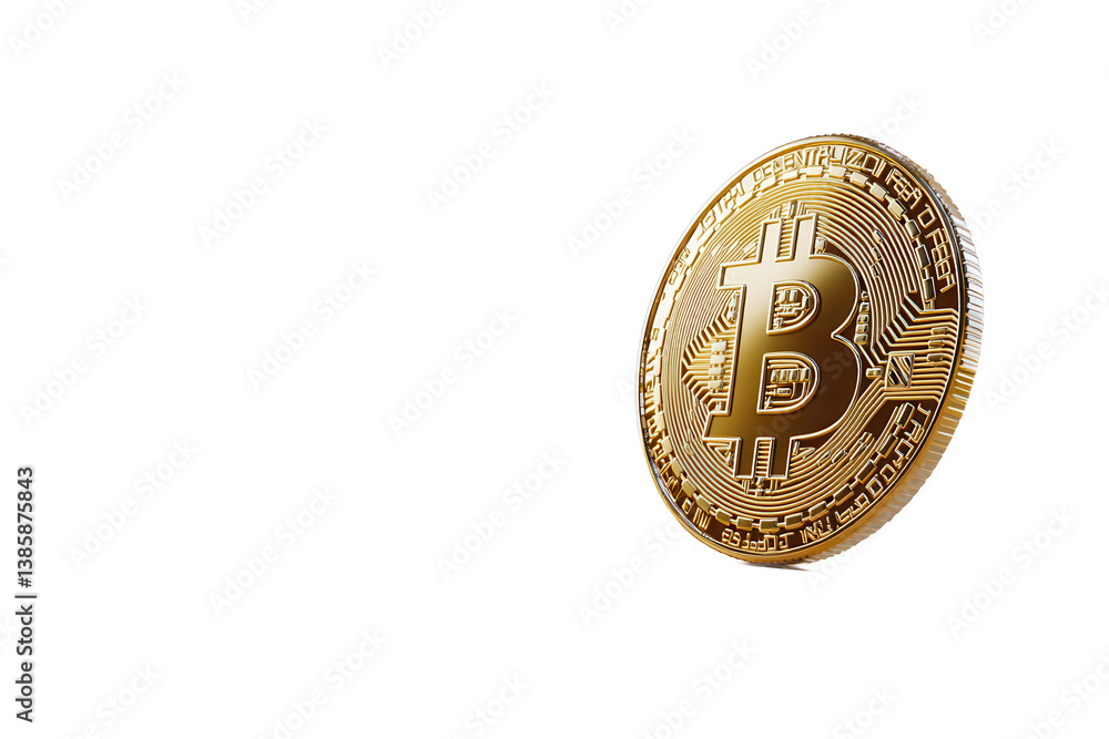 Golden Bitcoin coin with shiny metallic texture and detailed relief, isolated on white background