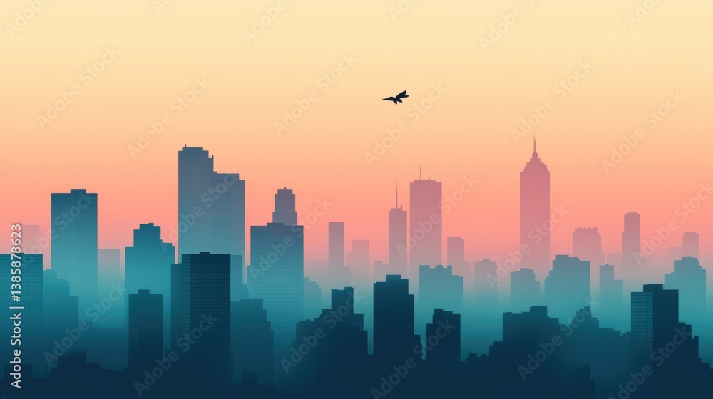 Naklejka premium A serene city skyline at dusk, featuring silhouetted buildings against a gradient sky transitioning from orange to blue, with a bird soaring above.