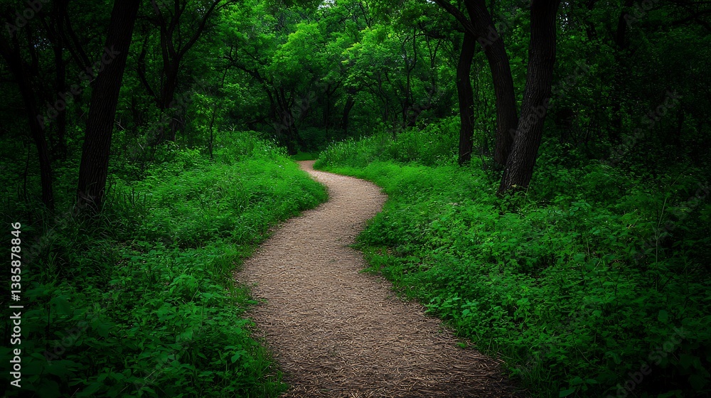 Fototapeta premium Winding path leads into lush green forest, dappled sunlight