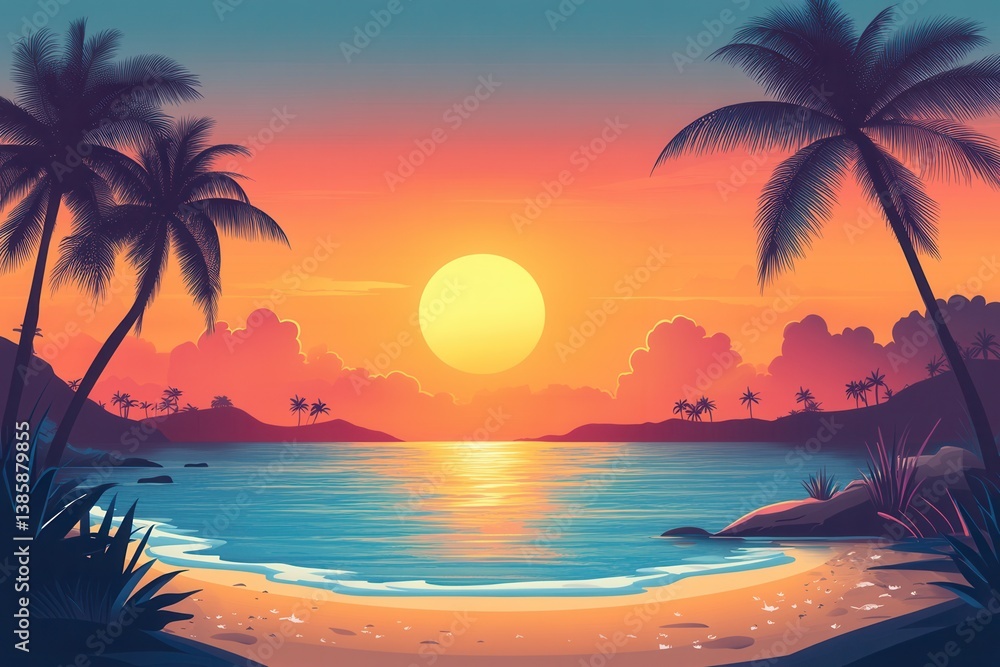 Serene tropical beach sunset with palm trees reflecting in calm ocean water under vibrant sky Serene tropical beach sunset with palm trees reflecting in calm ocean water under vibrant sky