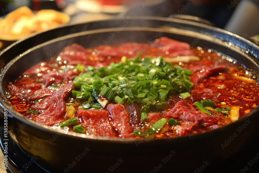 A close up shot of a spicy hot pot dish with beef and green onions in a black pot on a table A close up shot of a spicy hot pot dish with beef and green onions in a black pot on a table