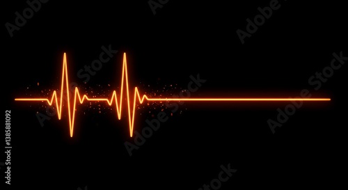 Orange neon heartbeat pulse line on black background showing activity and then a flatline signal