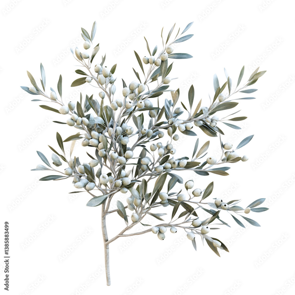 White Olive Tree with Green Leaves and White Berries Isolated on Transparent Background White Olive Tree with Green Leaves and White Berries Isolated on Transparent Background