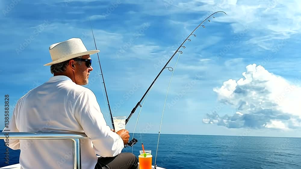 Enjoying a relaxing fishing experience on a yacht with a cold drink Enjoying a relaxing fishing experience on a yacht with a cold drink