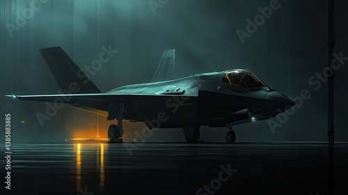 A stealthy F-35 Lightning II fighter jet resting in a dark hangar, with soft lighting highlighting the sharp lines of the cockpit and nose.
